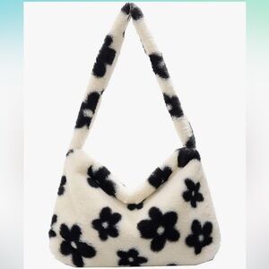 Floral Faux Fur Shoulder Bag - Black and White